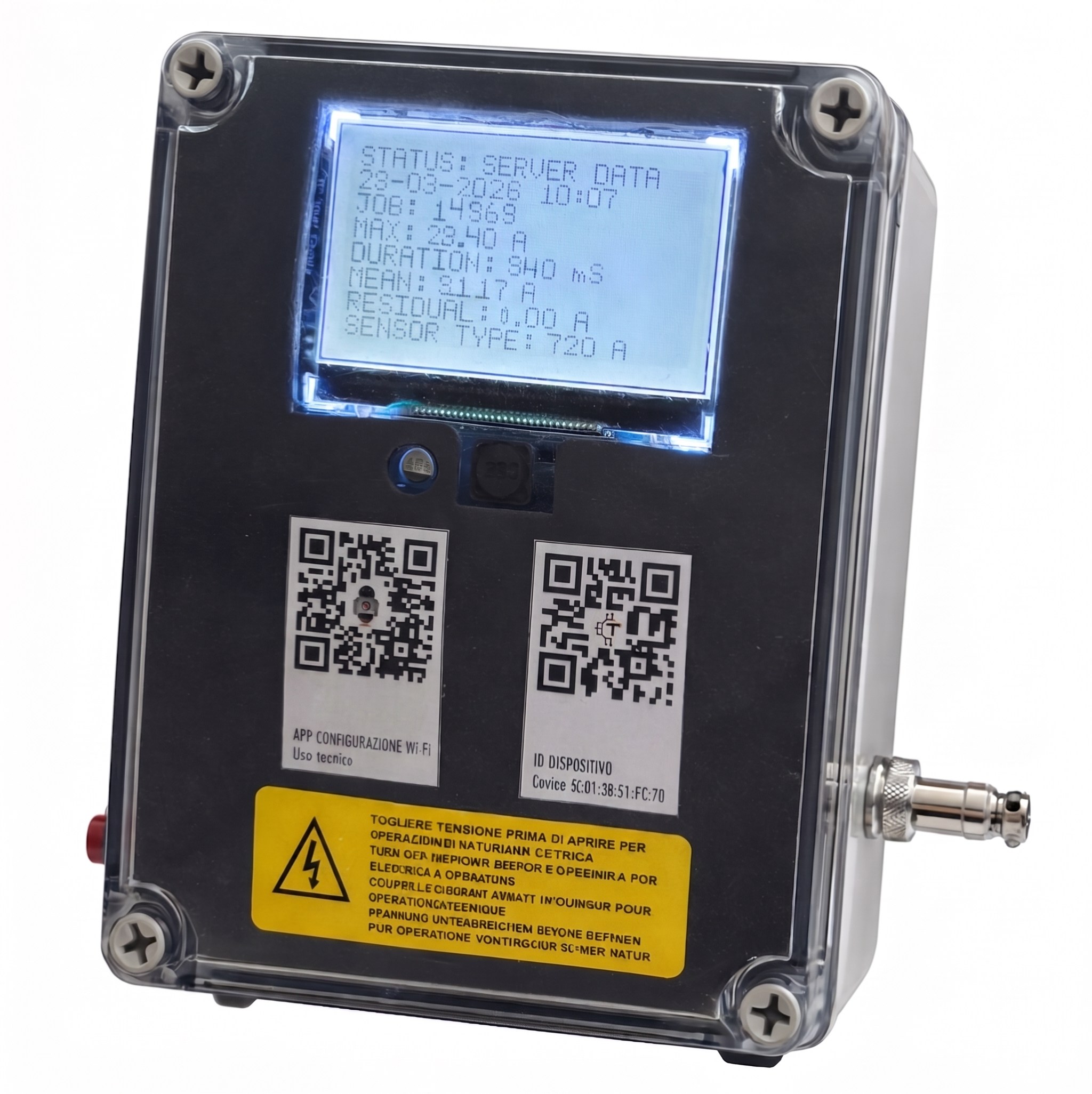 Non-invasive current detection sensor hardware unit with LCD screen displaying live welding data including job ID, max current, duration, mean and residual values