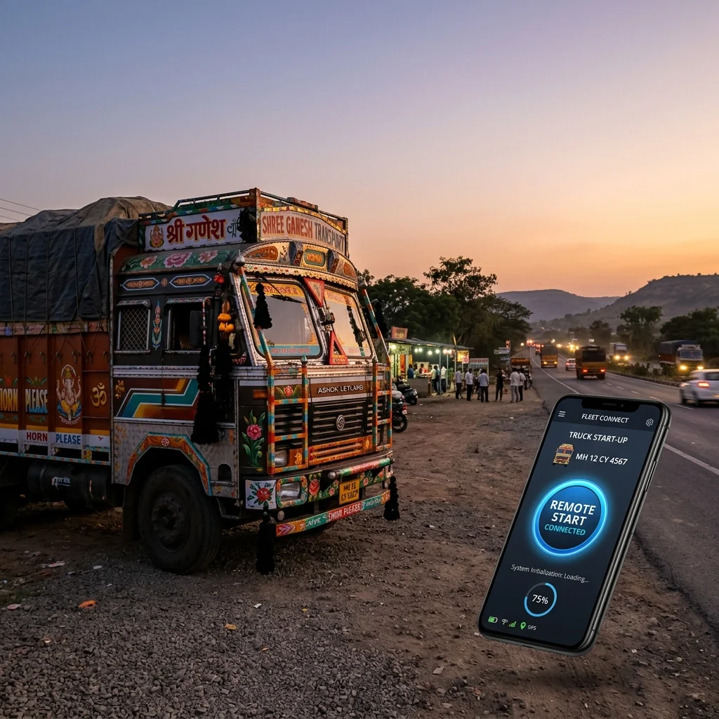 SmartFleet app running on a phone inside a truck cab