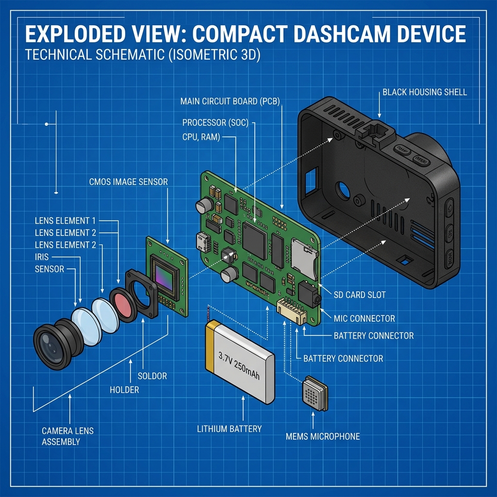 Dash Cam Exploded Technical View - All Components