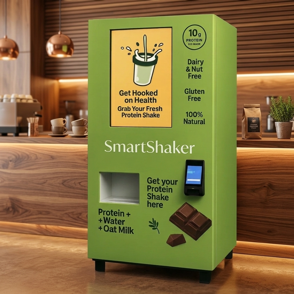 SmartShaker full machine view — green protein machine with SmartShaker branding