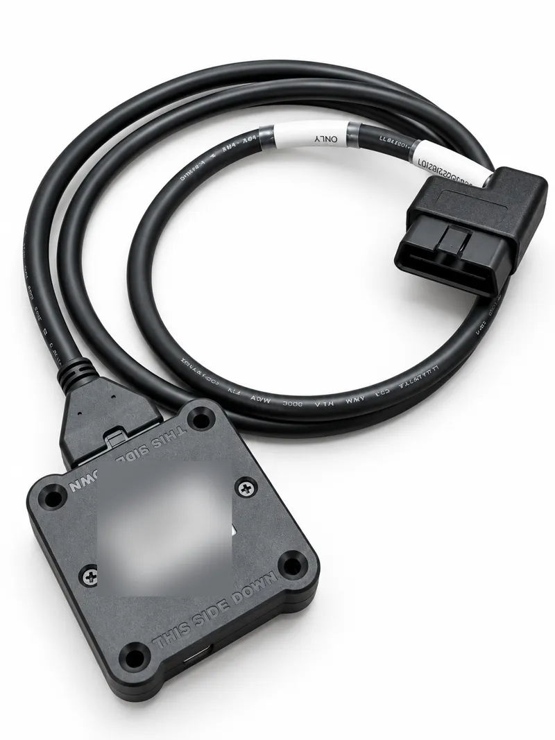 PT-30 ELD interface device with its OBD-II cable coiled on a white background